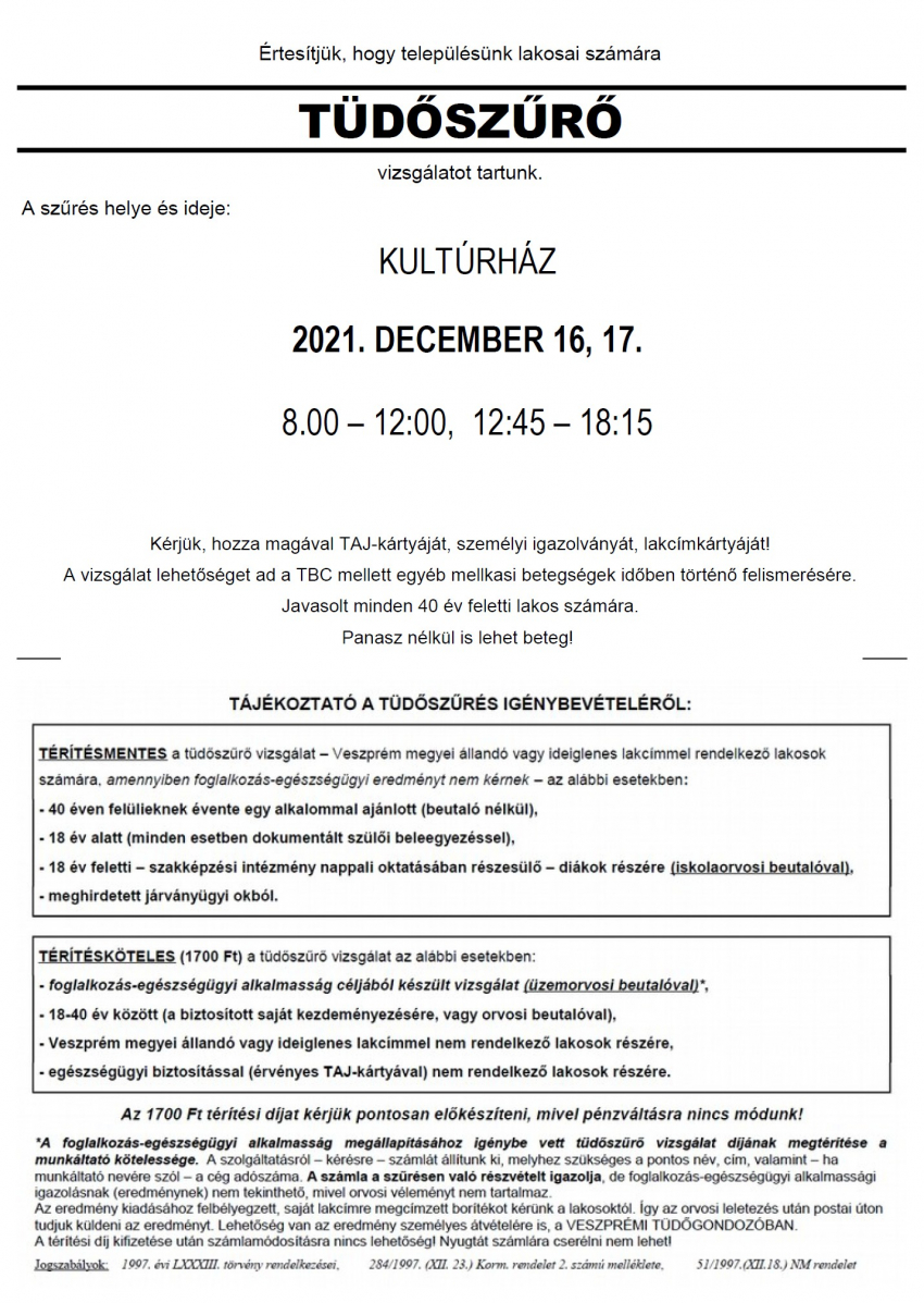 Tüdőszűrés Litéren - 2021. december 16, 17.