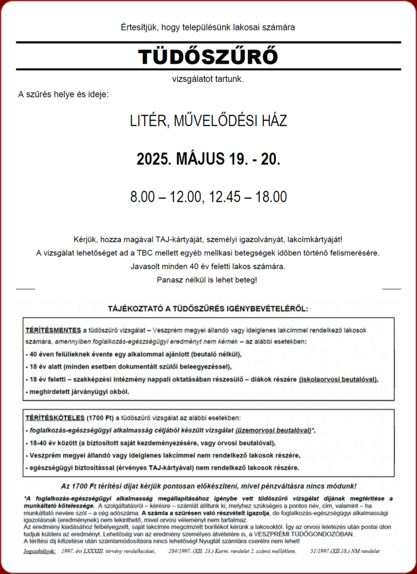 Tüdőszűrés Litéren - 2025.05.19-20.