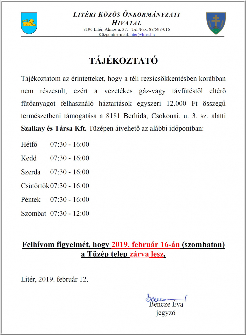 Tájékoztatás Tüzép zárva tartásáról - 2019.02.16. (szombat)