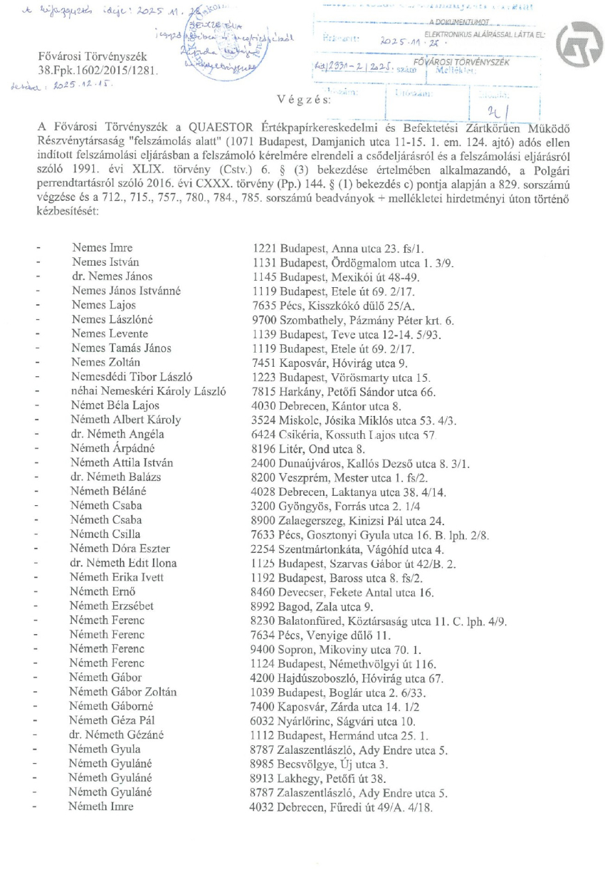 Hirdetmény - Fővárosi Törvényszék 38.Fpk. 1602/2015/1281.