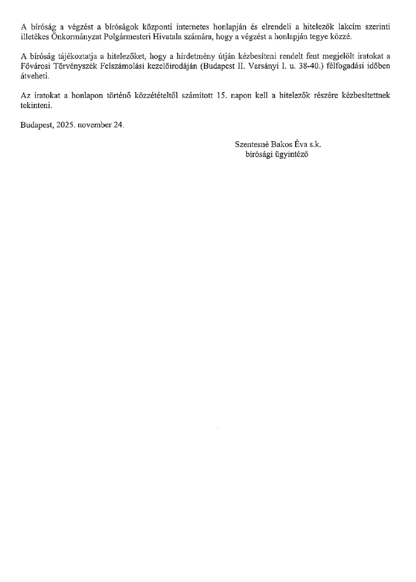 Hirdetmény - Fővárosi Törvényszék 38.Fpk. 1602/2015/1281.