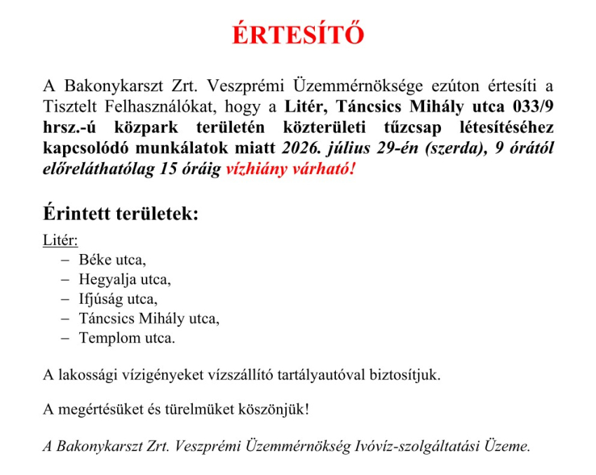 Értesítés vízhiányról - 2026.07.29.