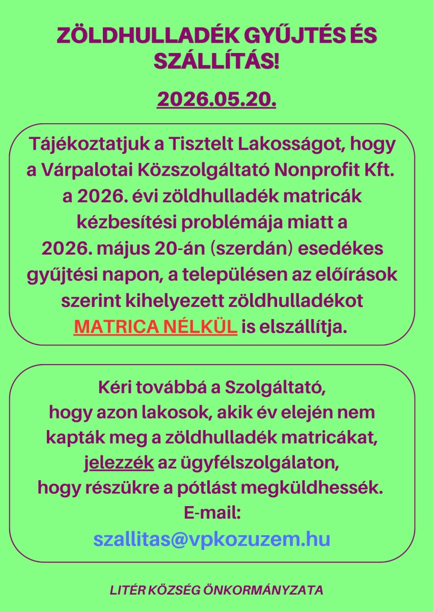 Zöldhulladék gyűjtés és szállítás 2026.05.20-án!