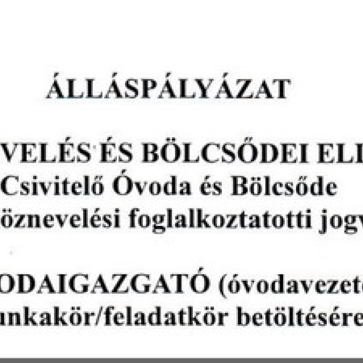 Álláspályázat - óvodaigazgató munkakör betöltésére!