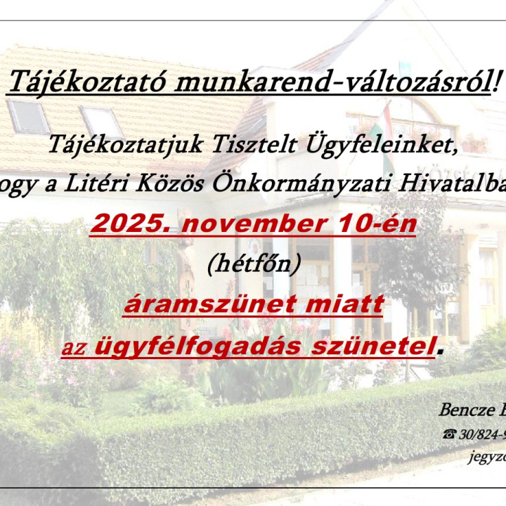 Tájékoztató munkarend-változásról - 2025.11.10. (hétfő)