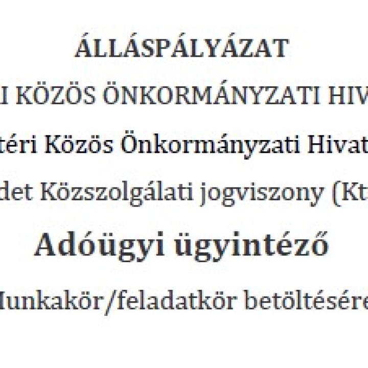 Litéri Közös Önkormányzati Hivatal pályázatot hirdet Adóügyi ügyintéző munkakör betöltésére