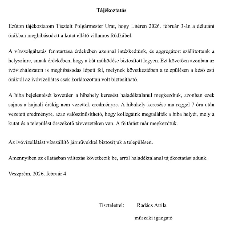 Bakonykarszt Zrt. tájékoztatása meghibásodásról!