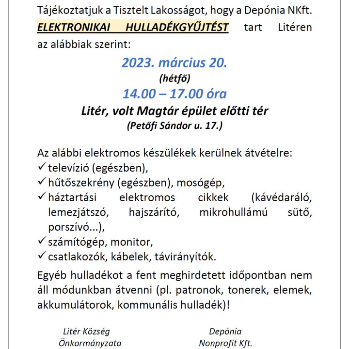 E-hulladékgyűjtés - 2023.03.20.