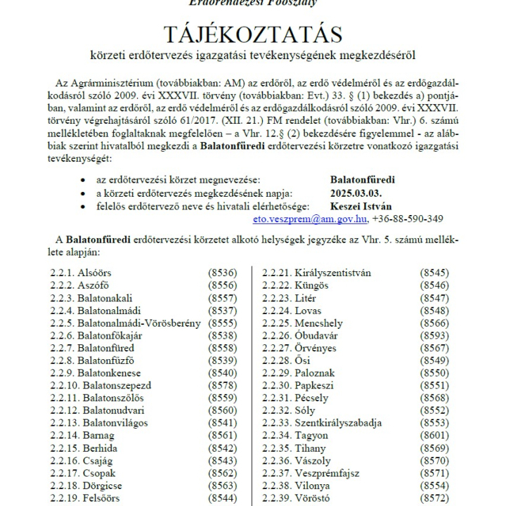 Tájékoztatás körzeti erdőtervezés igazgatási tevékenységének megkezdéséről
