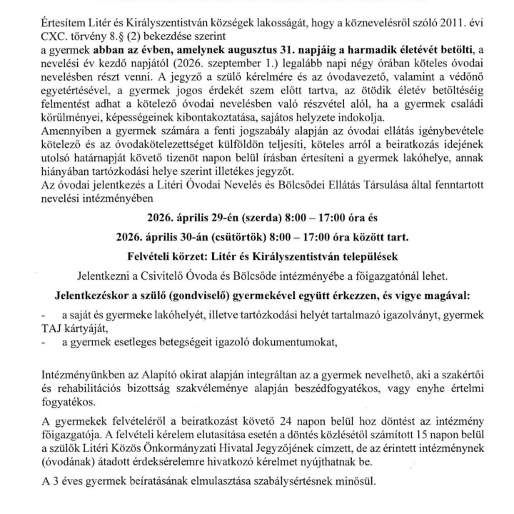 Felhívás óvodai beiratkozásra!