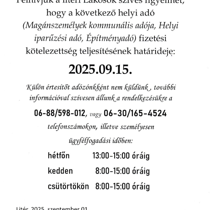 Felhívás - Helyi adó fizetési határidő 2025.09.15.