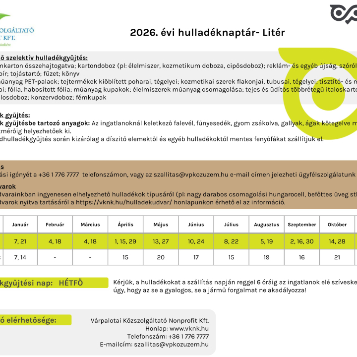 Hulladéknaptár 2026.
