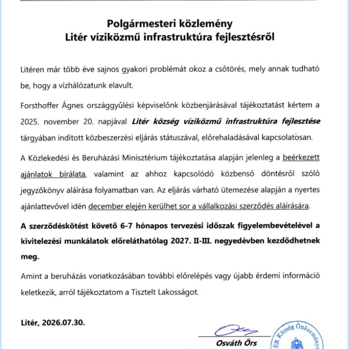 Polgármesteri közlemény Litér víziközmű infrastruktúra fejlesztésről 2026.07.30.