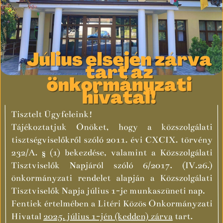 Július elsején zárva tart az önkormányzati hivatal!