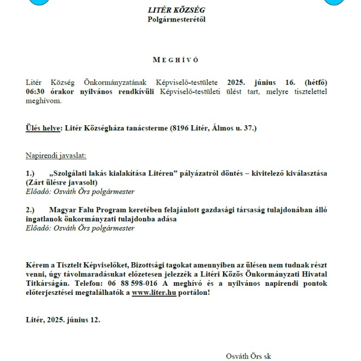 Rendkívüli Képviselő-testületi ülés - 2025.06.16.