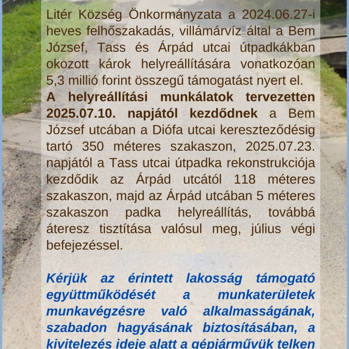 Tájékoztatás útpadka helyreállítási munkálatokról!