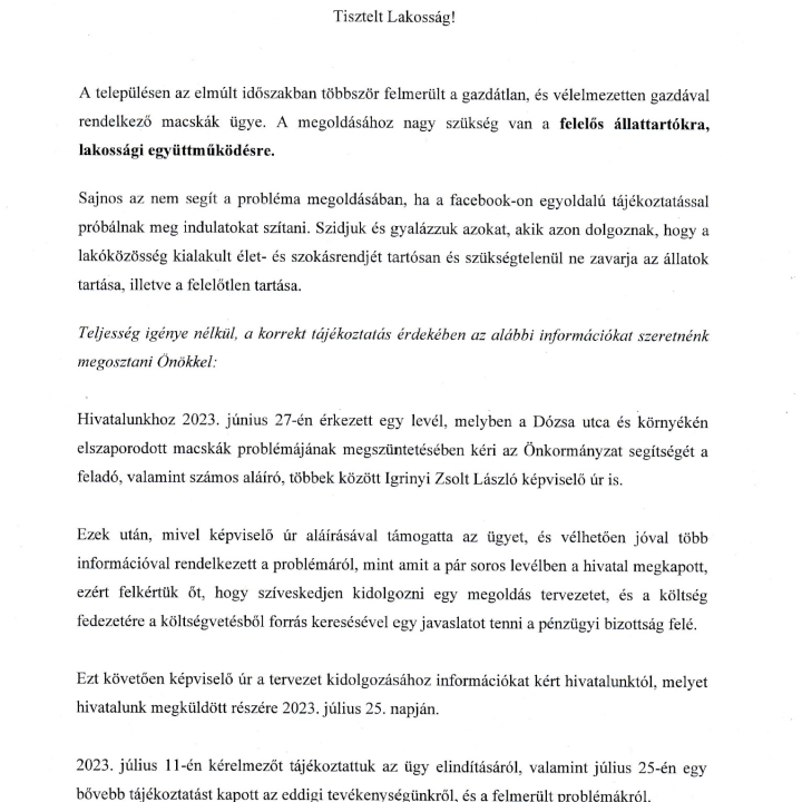 Tájékoztatás - Elszaporodott macskák ügye a településen!