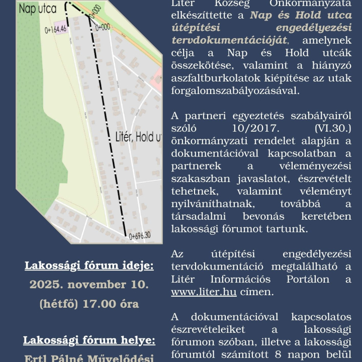 Partnerségi véleményezés és meghívó lakossági fórumra - Nap és Hold utca útépítés engedélyezési tervdokumentáció