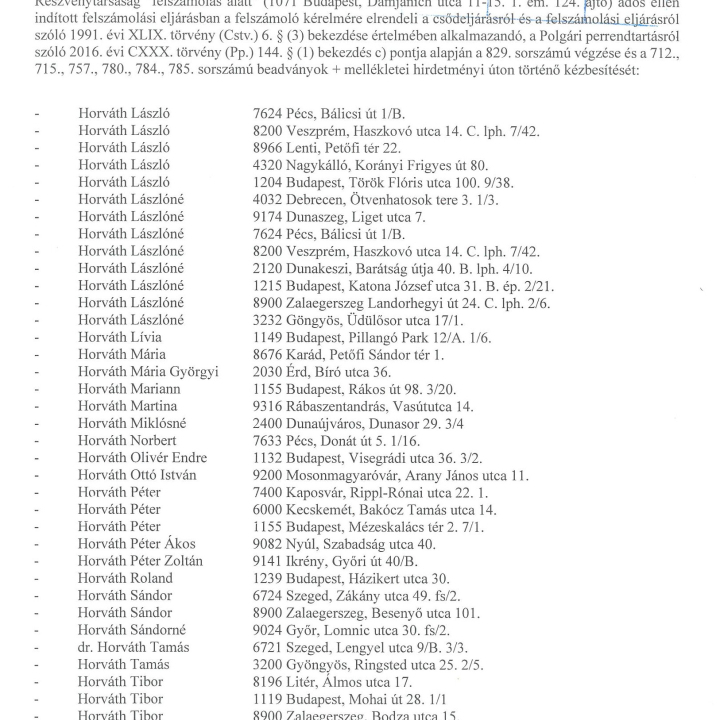 Hirdetmény - Fővárosi Törvényszék 38.Fpk.1602/2015/956 végzése
