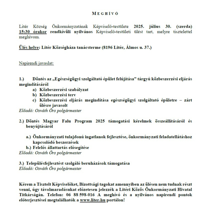 Rendkívüli Képviselő-testületi ülés - 2025.07.30.