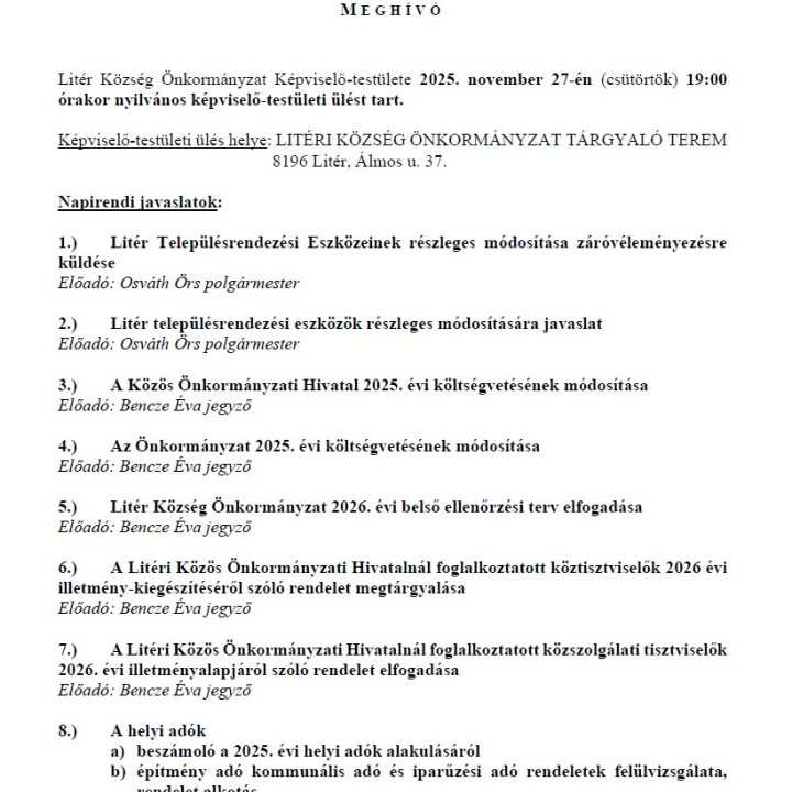 Bizottsági és Képviselő-testületi ülés - 2025.11.27.