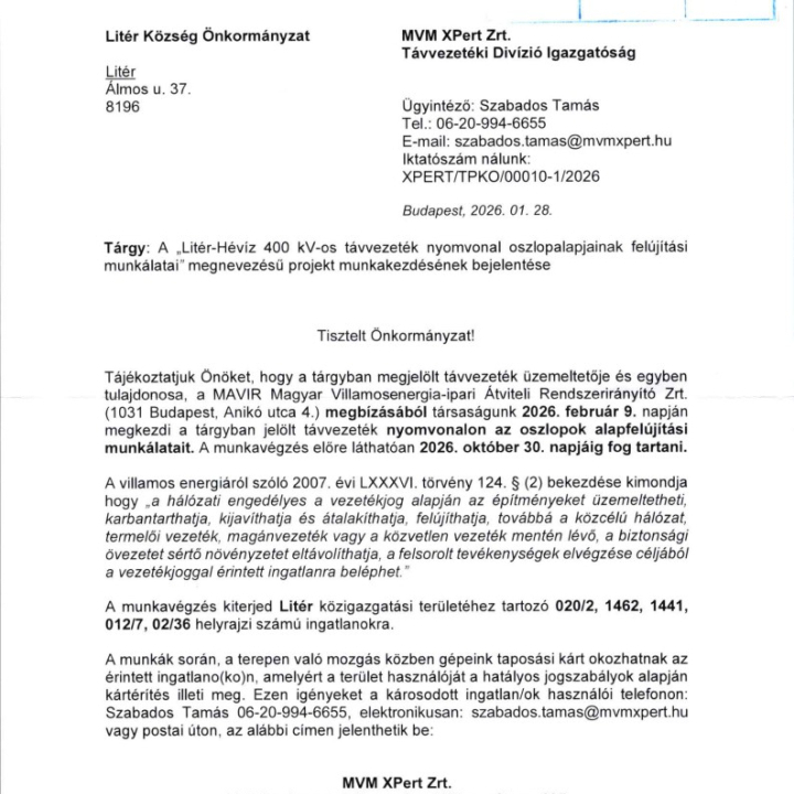 Tájékoztató Litér-Hévíz 400 kV-os távvezeték nyomvonal oszlopalapjainak felújítási munkálatai