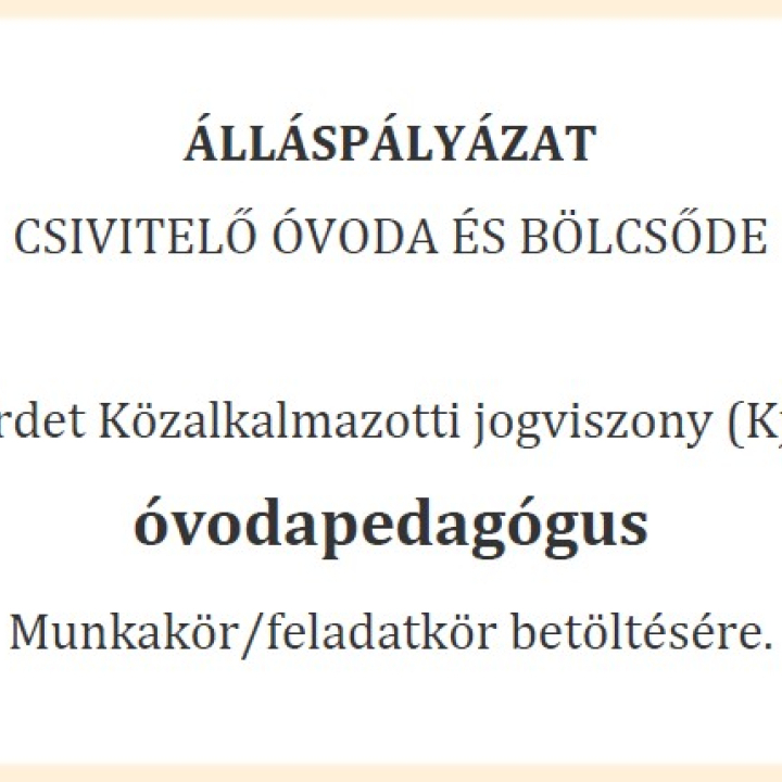 Álláspályázat óvodapedagógus munkakör betöltésére!