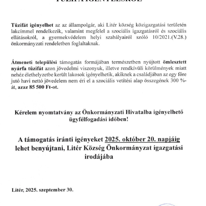 Tájékoztatás ömlesztett nyárfa tűzifa igénylésről!