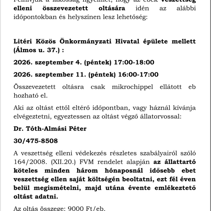 Veszettség elleni összevezetett oltás Litéren!