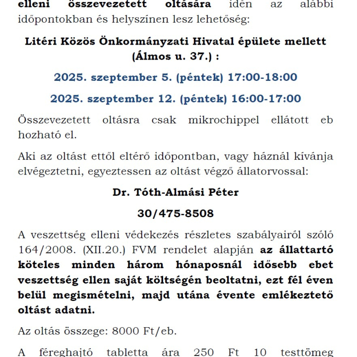 Veszettség elleni összevezetett oltás Litéren!