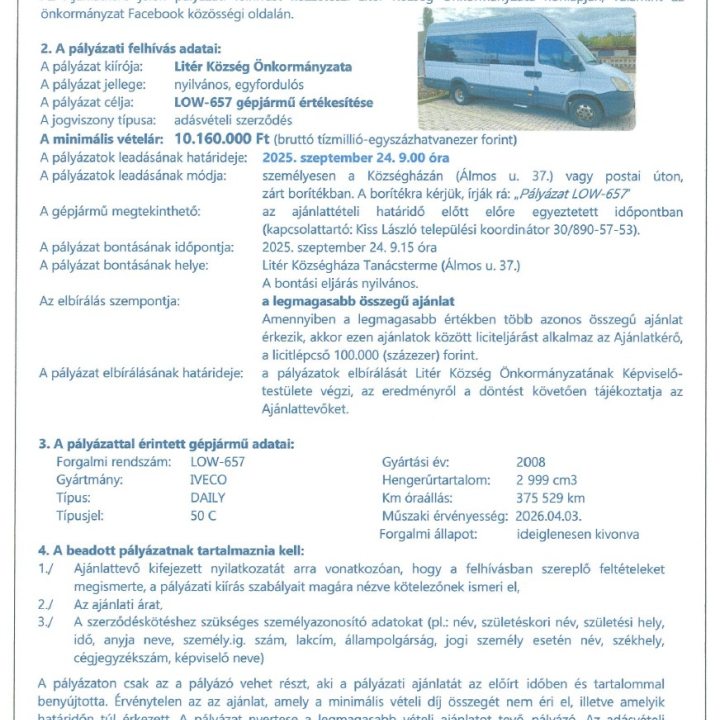 Pályázati felhívás 21+1 fős autóbusz értékesítésére - LOW-657