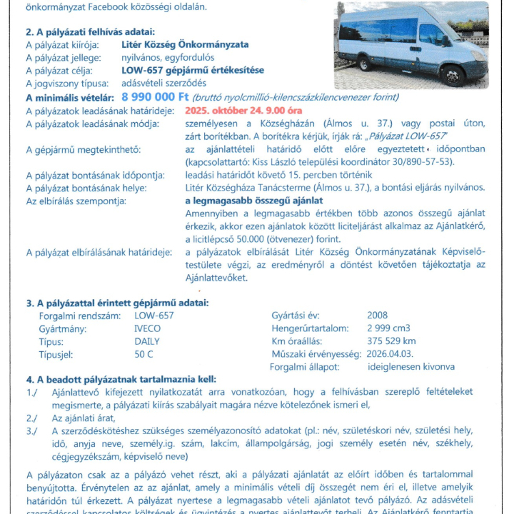 Pályázati felhívás 21+1 fős autóbusz értékesítésére!