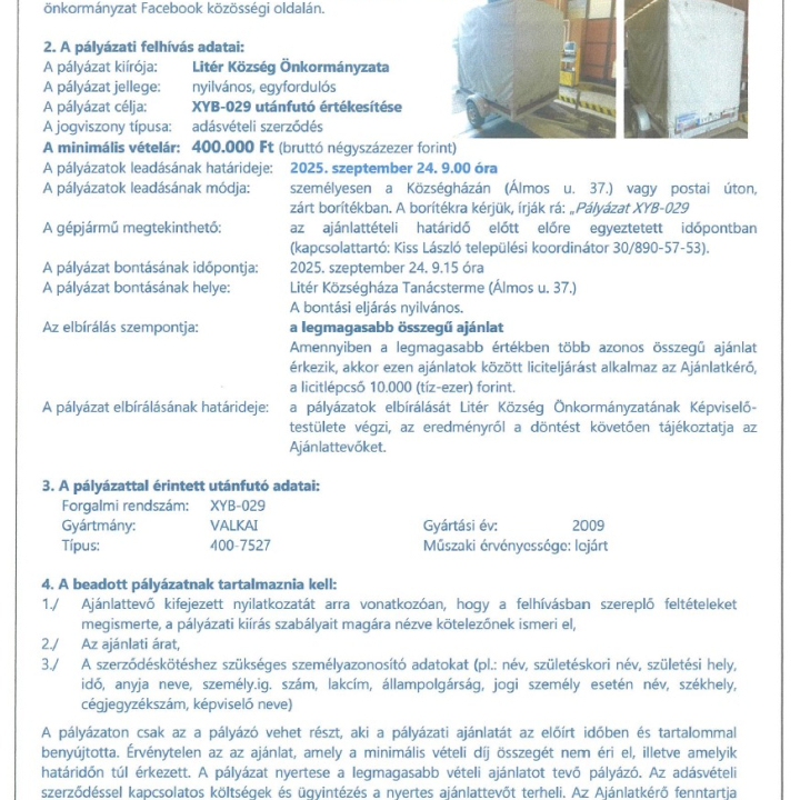 Pályázati felhívás utánfutó értékesítésére - XYB-029