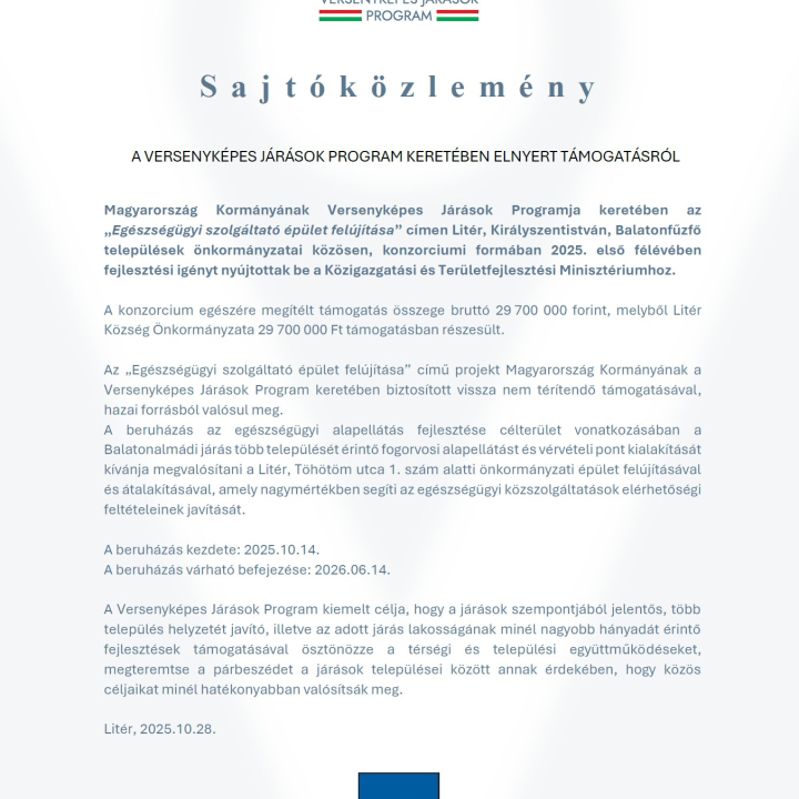 Sajtóközlemény a Versenyképes Járások Program keretében elnyert támogatásról!
