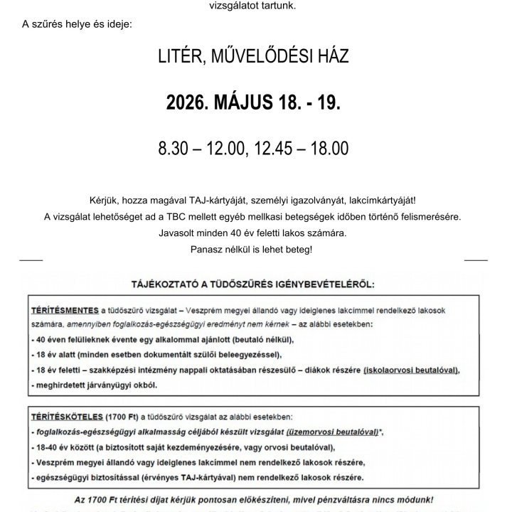 Tüdőszűrés Litéren!
