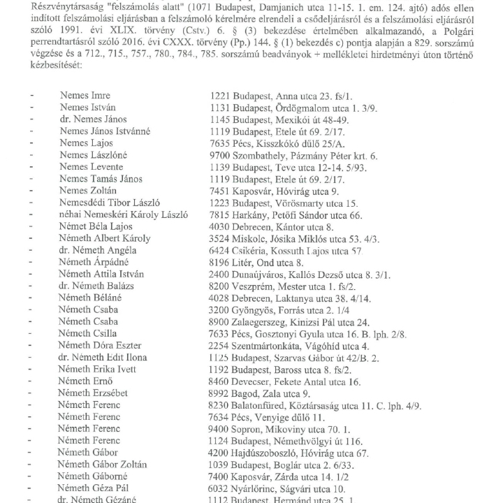 Hirdetmény - Fővárosi Törvényszék 38.Fpk. 1602/2015/1281.