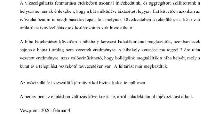 Bakonykarszt Zrt. tájékoztatása meghibásodásról!