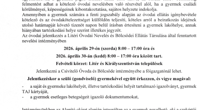 Felhívás óvodai beiratkozásra 2026/27 nevelési évre!