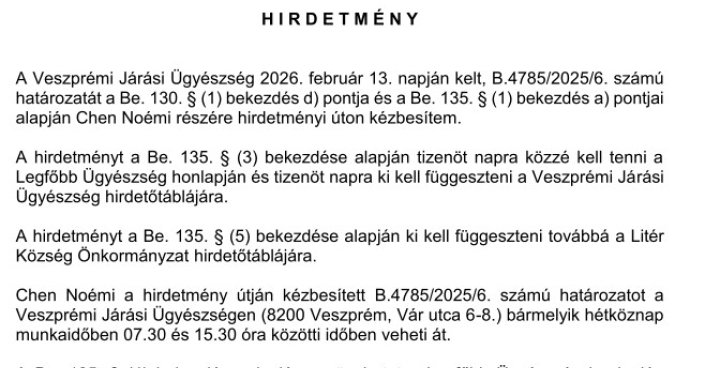 Hirdetmény B.4785/2025/8. Chen Noémi