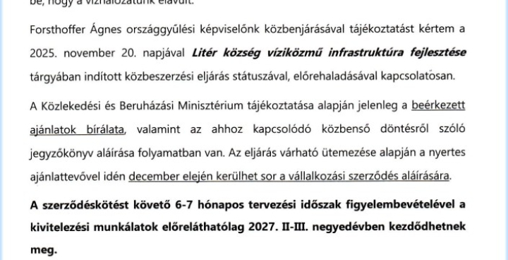 Polgármesteri közlemény Litér víziközmű infrastruktúra fejlesztésről 2026.07.30.