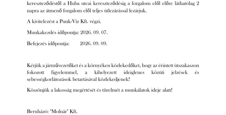 Lakossági hirdetmény Árpád utcai forgalomkorlátozásról!