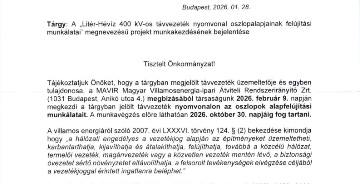 Tájékoztató Litér-Hévíz 400 kV-os távvezeték nyomvonal oszlopalapjainak felújítási munkálatai