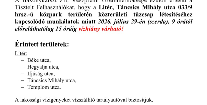 Értesítés vízhiányról - 2026.07.29.