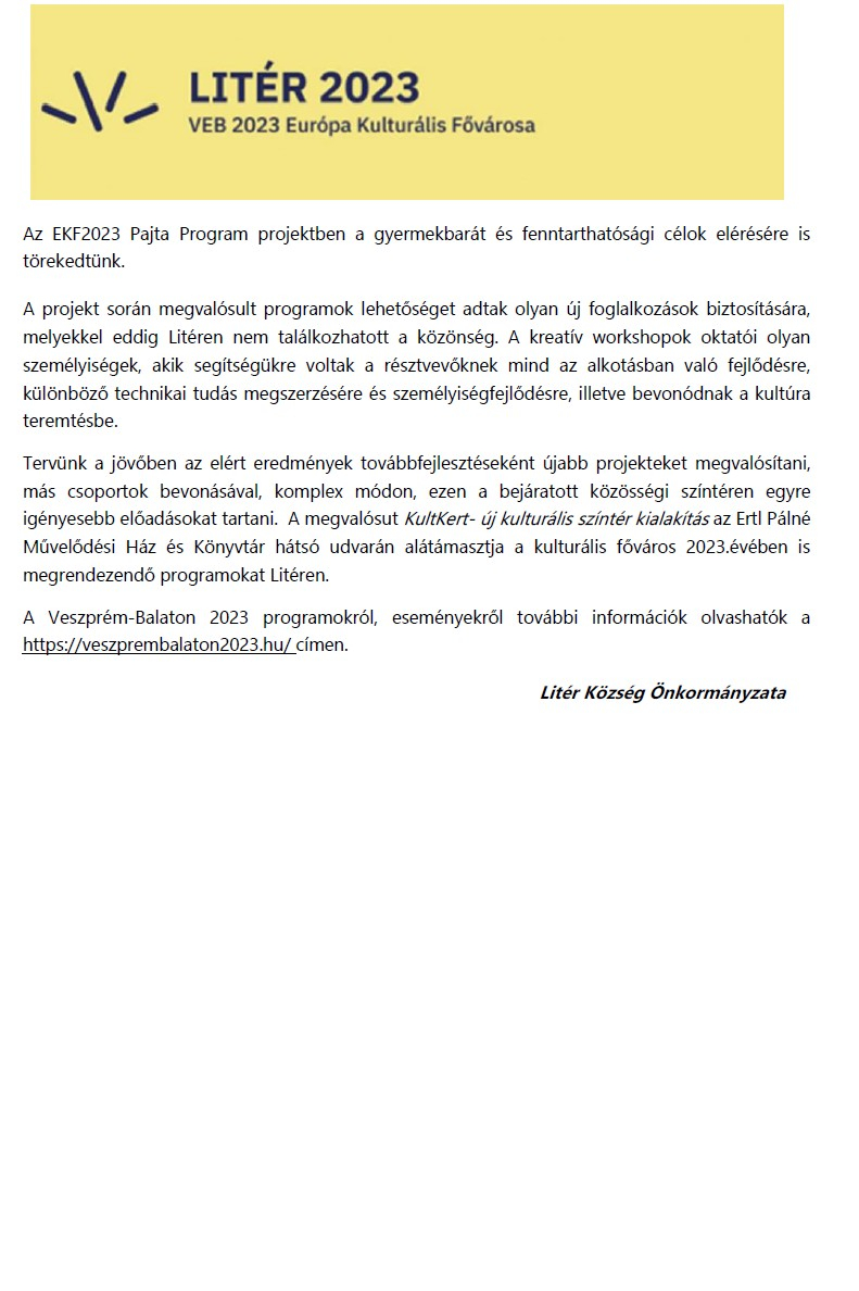 EKF PAJTAPROGRAM: KULTKERT - ÚJ KÖZÖSSÉGI TÉR LITÉREN - Projektbeszámoló