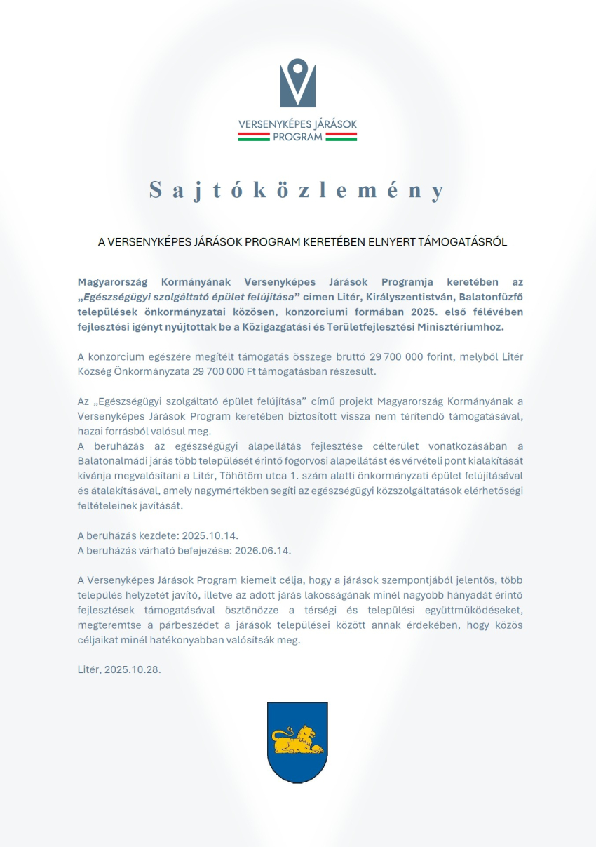 Versenyképes Járások Program - Egészségügyi szolgáltató épület felújítása sajtóközlemény