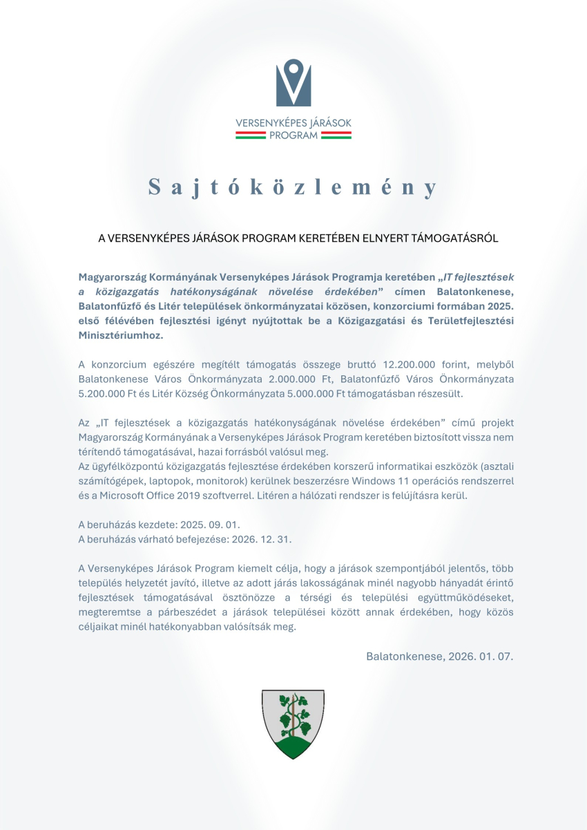 Versenyképes Járások Program - IT fejlesztések a közigazgatás hatékonyságának növelése érdekében sajtóközlemény