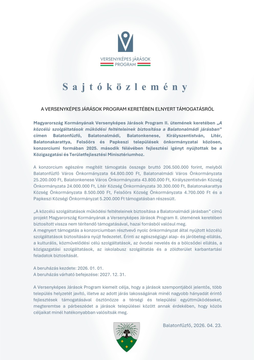 Versenyképes Járások Program - A közcélú szolgáltatások működési feltételeinek biztosítása a Balatonalmádi járásban sajtóközlemény