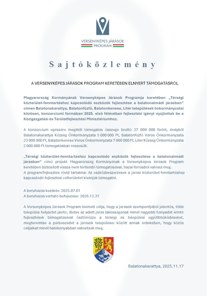 Versenyképes Járások Program - Térségi közterület-fenntartáshoz kapcsolódó eszközök fejlesztése a balatonalmádi járásban sajtóközlemény	
