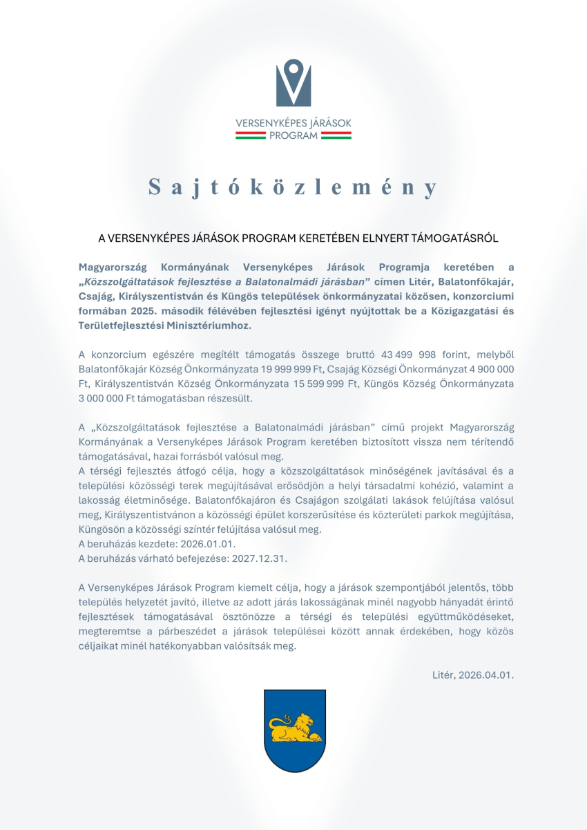 Versenyképes Járások Program - Közszolgáltatások fejlesztése a Balatonalmádi járásban sajtóközlemény