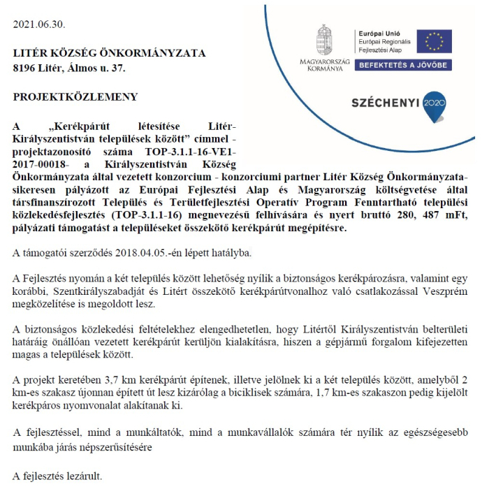 Kerékpárút létesítése Litér-Királyszentistván települések között - fejlesztés lezárult